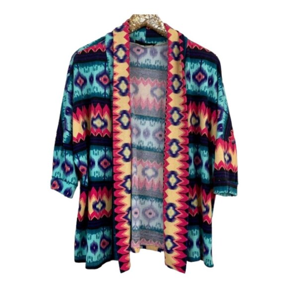 Peach Love California Sweaters - Peach Love California Boho Ikat Print 3/4 Sleeve Open Cardigan Small